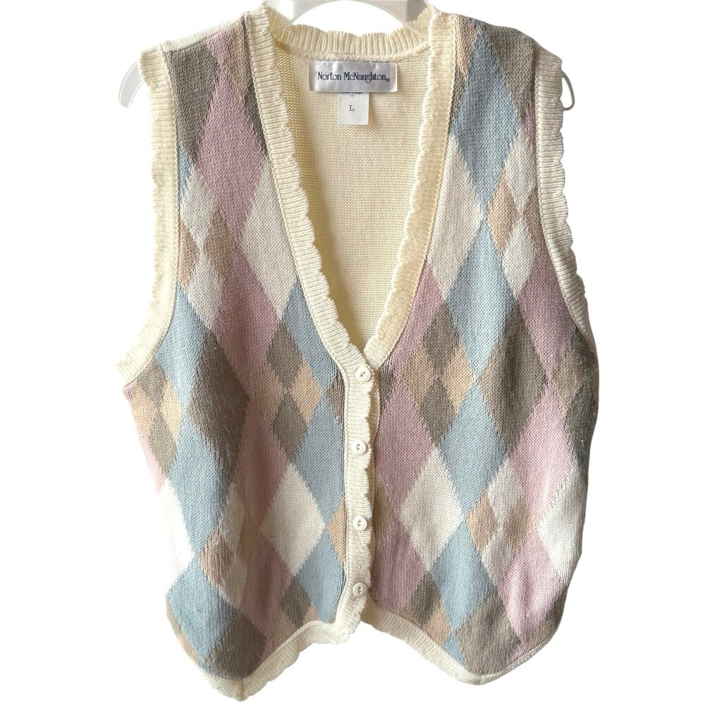 Vintage 80s Argyle Academia Pastel Sweater Vest Womens L Multicolor Soft Girl